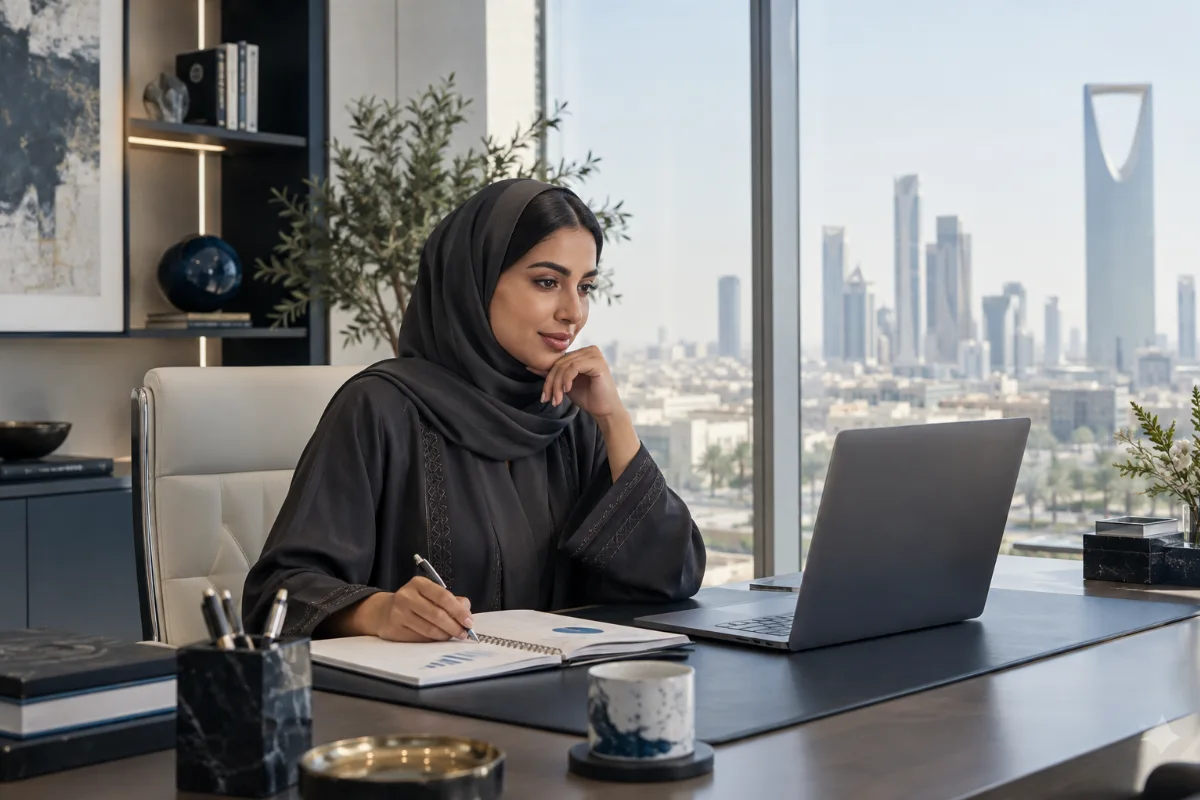 صورة تعبيرية لسيدة أعمال تراجع ملاحظاتها أمام الحاسوب