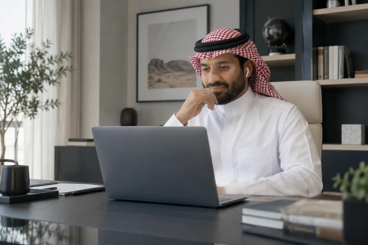 صورة تعبيرية لخبير يعمل عبر الحاسوب في بيئة مهنية هادئة