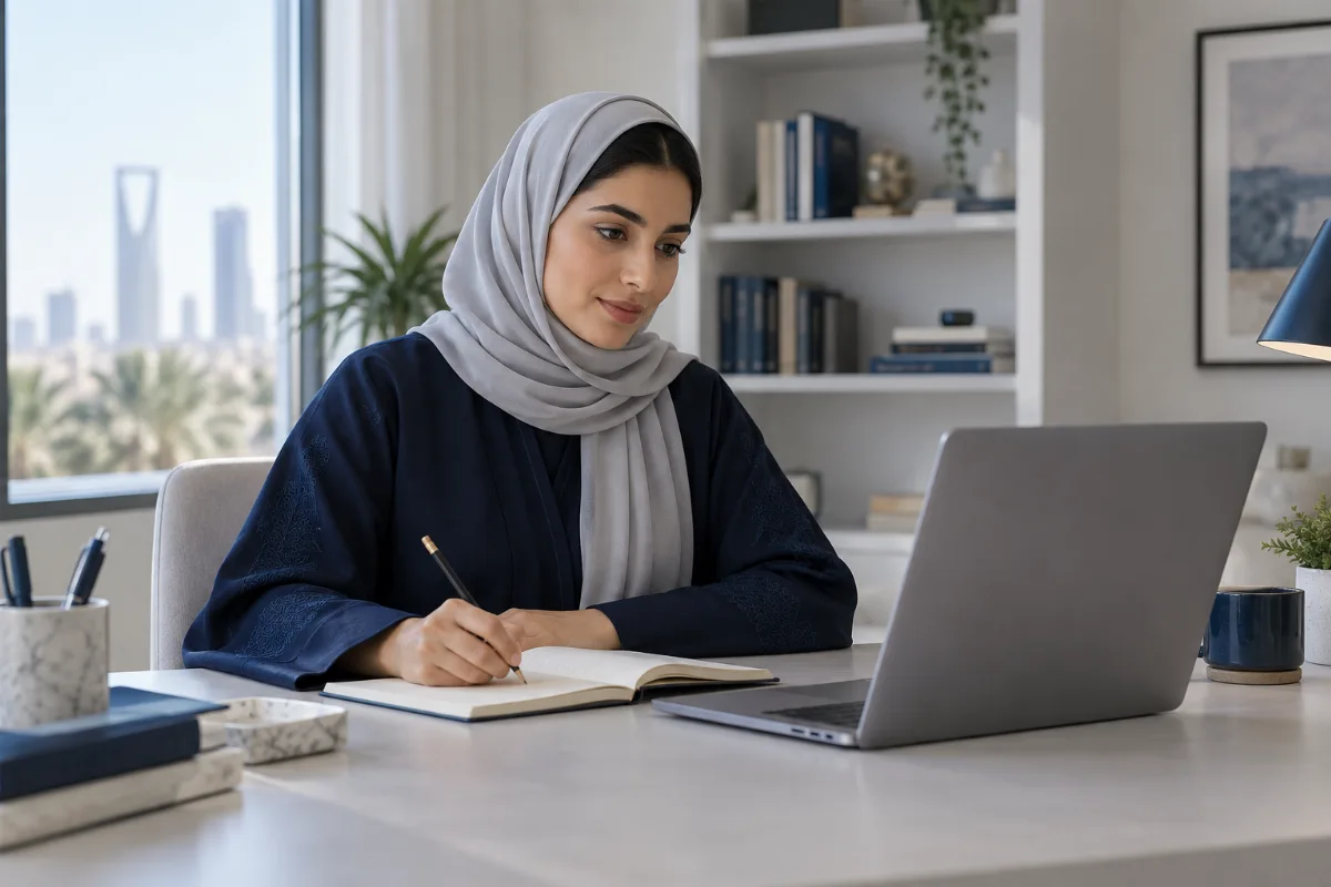 صورة تعبيرية لمتعلمة تدوّن أفكارها أثناء التعلّم عبر الإنترنت