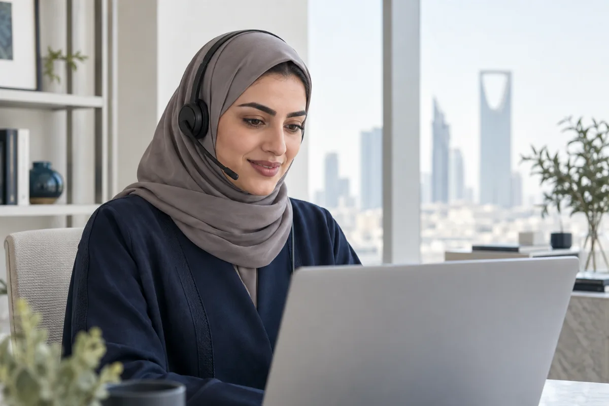 موظفة دعم تتواصل عبر الحاسوب والسماعة